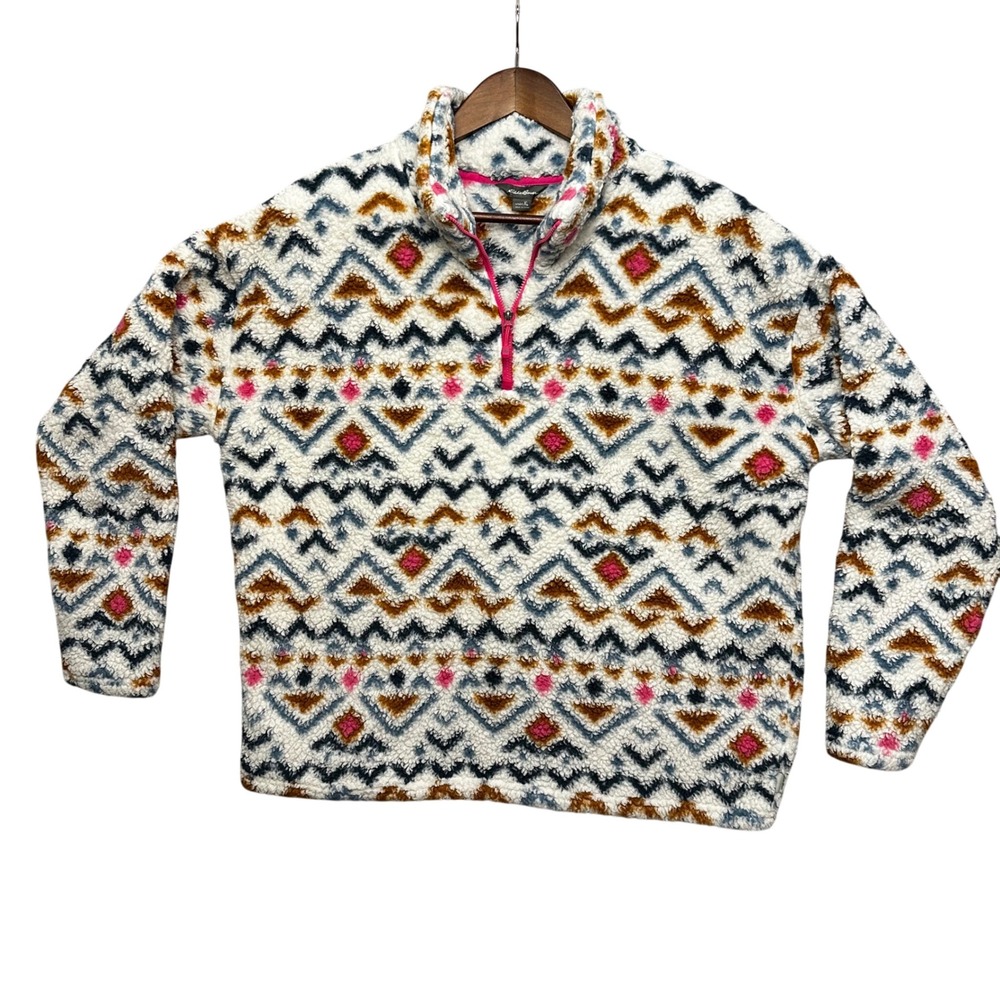 Eddie Bauer Womens Sherpa Quest Plush Fleece Pullover Sweater Aztec Zip Neck‎ XL